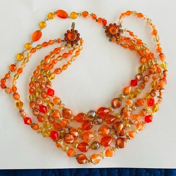 Mid-Century West German Gablonz Glass Beaded Triple Strand Necklace Floral Clasp - Picture 4 of 10